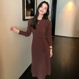 ワンピース レディース 秋冬 カシミヤ混 ニットプルオーバー ドローストリング Aライン 丸首 長袖 ミディ丈 無地 着痩せ効果 通勤 オフィス 大人カジュアル