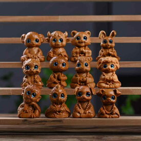 置物 崖柏木 彫刻 座禅 人形 干支 十二支 ミニチュア 手のひらサイズ かわいい アニメ風 フィギュア デスク 卓上 インテリア 飾り 縁起物 プレゼント ギフト 癒し ユニーク 開運 ラッキーアイテム