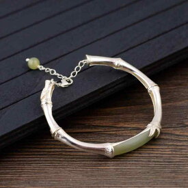 ブレスレット レディース 女性用 S925純銀 天然和田玉 手作り 古法金 竹節モチーフ 開口型 アンティーク調 レトロ バングル 腕輪 普段使い 上品 ファッション小物