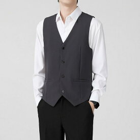 ベスト ジレ メンズ 男性用 高級感 Vネック スリムフィット スーツ地 ビジネス ホテル オフィス 事務 制服 ユニフォーム ワークウェア ポリエステル 化繊混紡 洗濯可能 色落ち防止 ブラック ネイビー ブラウン カーキ ダークグレー