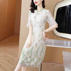 ワンピース レディース 大きいサイズ 体型カバー 高級感 厚手 シルク 桑絹 刺繍 花柄 春夏 ミモレ丈 Aライン ウエストマーク ドローストリング ラウンドネック 半袖 ハイウエスト プルオーバー ホワイト エレガント カジュアル