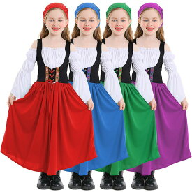 女の子 子供 メイド服 肩出し ワンピース ハロウィン衣装 髪飾り付き コスチューム ビールガール コスプレ 衣装 民族衣装 ハロウィン ドイツ キッズメイド服 キャラクター 童話 大人用 仮装 欧米 結婚式 余興 舞台衣装 演出服 団体服 4色
