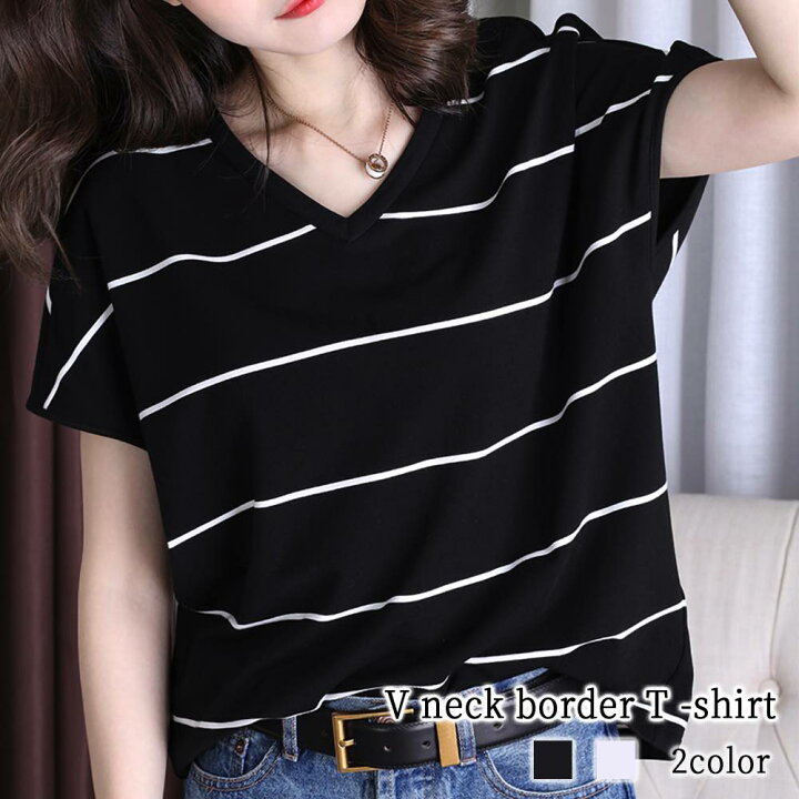 楽天市場】Tシャツ レディース VネックボーダーTシャツ 夏 ブラウス 40 