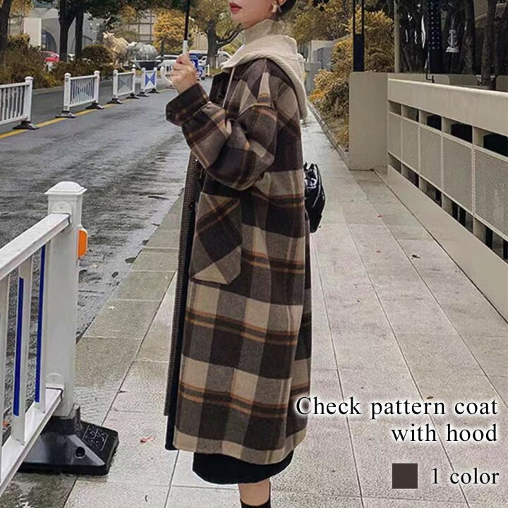 楽天市場】ステンカラーコート レディース フード付きチェック柄コート  