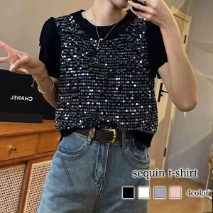 Tシャツ レディース スパンコールTシャツ ゆったり カジュアル ティーシャツ おしゃれ 無地 かわいい 7分袖 Vネック 大人 トレーナー 春 半袖 ジム ブラウス スポーツ 5分袖 ロング ブランド