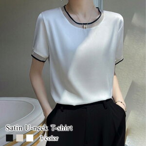 Tシャツ レディース サテンUネックTシャツ ブラウス 5分袖 春 スポーツ ゆったり ブラック 40代 ロゴ カジュアル 7分袖 薄手 Vネック かわいい ティーシャツ 大人 人気 涼しい シャツ カットソ