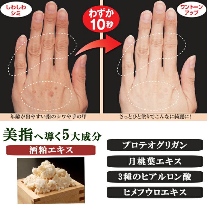 楽天市場 マラソン72h限定 全品対象5 Offクーポン P2倍 7 24 23 59迄 手の甲 シミ クリーム 手 しわ 年齢 ケア トーンアップクリーム 乾燥 手のシミ 酒粕パック 月桃 ヒアルロン酸 ハンドクリーム 塗るだけで肌色をワントーン明るく 白肌 指べっぴん g 日本製