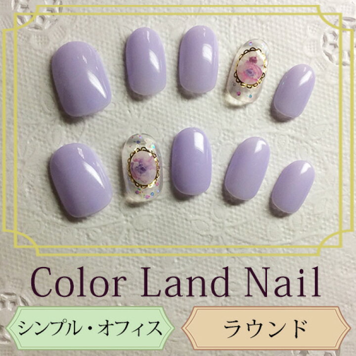 楽天市場 Nailtip ラウンド ネイルチップ シンプル オフィス ハンドメイド 付け爪 パープル 花 藤色 パープル クリア 装着シール付き Ro So 14 渋谷トレンド