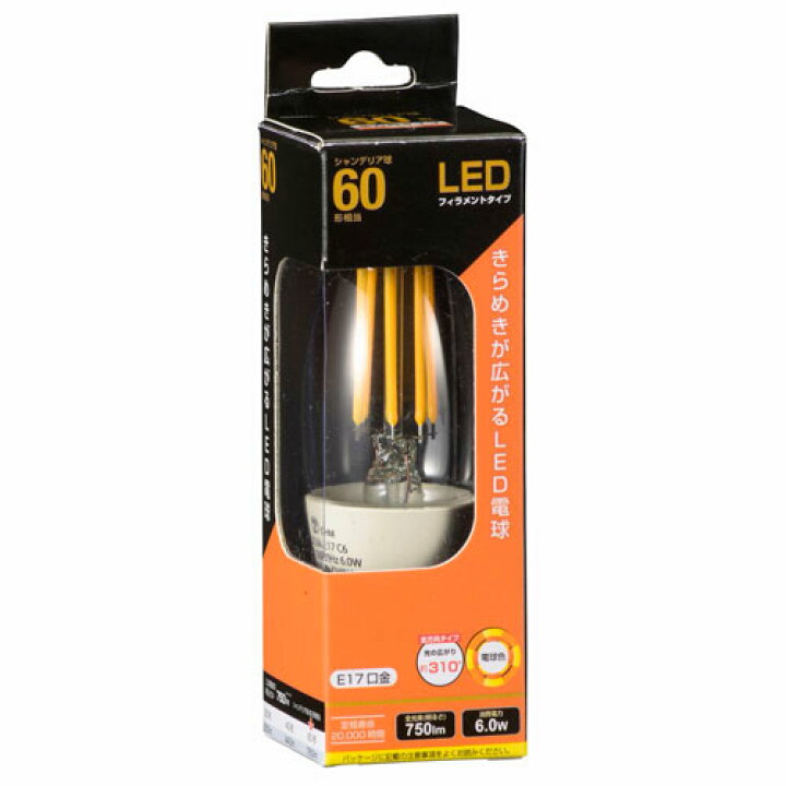 楽天市場】オーム電機 LEDフィラメント電球 シャンデリア形 口金E17 60W相当 クリア 電球色 全方向 LDC6L-E17 C6 : Webby