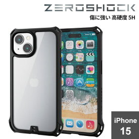iPhone 15 用 ケース ハイブリッド カバー 衝撃吸収 カメラレンズ保護設計 背面クリア 硬度5H フィルム付 ZEROSHOCK ブラック