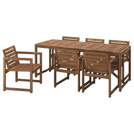 [IKEA/イケア/通販]NAMMARO ネッマロー テーブル＋チェアアームレスト付き6 屋外用, ライトブラウンステイン[9](a)(59544387)
