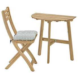 [IKEA/イケア/通販]ASKHOLMEN アスクホルメン テーブル 壁取り付け式＆折りたたみチェア1 屋外用, アカシア材/クローサン ブルー[3](59529259)