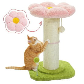 猫 爪研ぎ キャットタワーミニ 極太 柱直径14cm お花 猫タワー 低い コンパクト 省スペース 天然サイザル麻紐 バリバリ ガリガリ 据え置き 組立簡単 おもちゃ ポンポン 人気 おしゃれ 可愛い - ピンク 高さ60cm