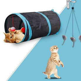 猫トンネル， 2穴付き猫トンネル折りたたみ可能水洗いキャットトンネル長いトンネル猫遊びペットおもちゃ (ブラック)