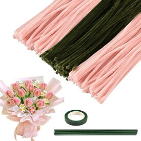 手芸モール チューリップの手芸キット ピンク＋グリーン 約300本 6mm カラーモール 人工花茎20本 フラワーテープ1巻付き DIY モールフラワー インテリア飾り/手芸用 工作モール 記念日/誕生日/母の日/バレンタインデー贈り 【改良・説明書