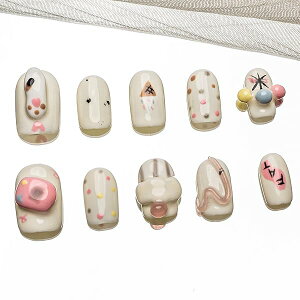 手作り ネイルチップ ショート スクエア 白 ピンク カラフル つけ爪 3D ドット グロッシー デザイン おしゃれ 付け爪 10枚入 (#185 XS)