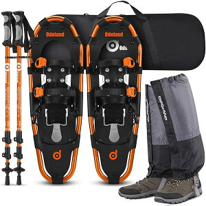 4-In-1軽量スノーシューセット アルミスノーシュー トレッキングポール 防水スノーゲイター 雪山 登山 かんじき ワカン 収納袋付き 男女兼用 着装簡単,オレンジ,M (55-73kg)