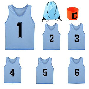 ビブス大人用6 枚表と裏に番号 1 〜 6巾着収納袋とキャプテンの腕章付きスポーツビブス、サッカービブスジュニア、軽量、快適、通気性、速乾性、男女兼用、バスケットボール、サッカー、