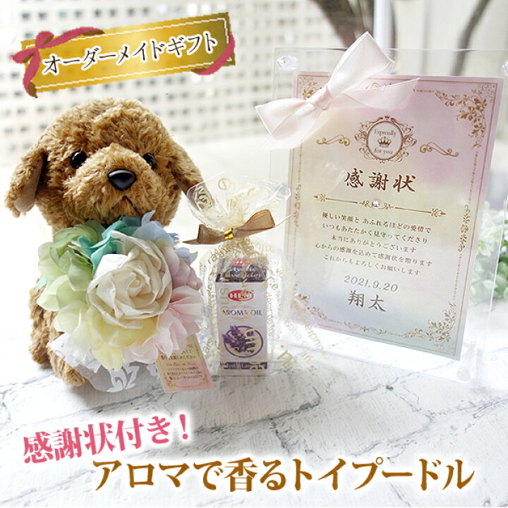 楽天市場 感謝状付き アロマで香るトイプードル ブラウン 感動ギフト ぬいぐるみ 翌営業日発送 幅広い用途用感謝状 誕生日 母の日 父の日 敬老の日 家族 妻 祖父母 先生 退職などに広く使えるオーダーメイド感謝状付き ウェディングアイテム