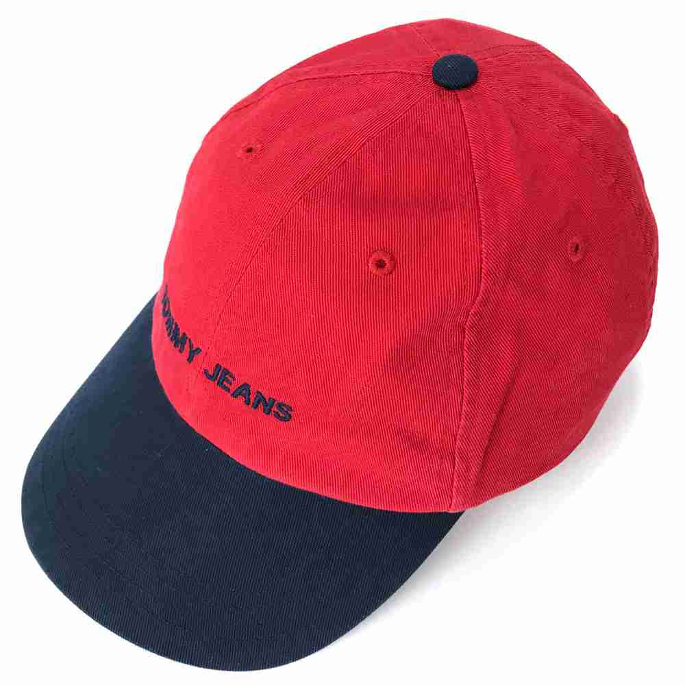 期間限定今なら送料無料 トミー アジャスターCAP 赤 レッド TOMMY 刺繍 ロゴ 春の新作 古着 帽子 wv1912-2302 バイカラー 中古 キャップ ローキャップ