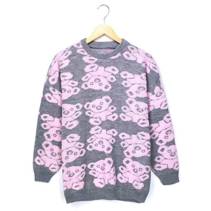 楽天市場】パステルニット ピンク 長袖 グレー 総柄 セーター クマ  