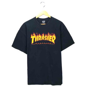 THRASHER スケートTシャツ サイズ表記 XL ブラック プリント ロゴ 半袖 黒 ファイヤーパターン 古着【中古】wv2101-1109