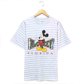 ミッキー キャラクターTシャツ サイズ表記 L ホワイト Mickey Disney ディズニー プリント 半袖 ビッグT ビッグシルエット ボーダー 白 グレー 灰 キャラT 古着【602202】【中古】wv2101-1196