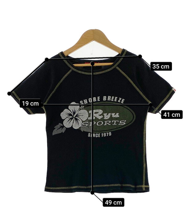 RYU SPORTS プリントTシャツ サイズ表記 M ブラック リュウスポーツ ラグラン SHORE BREEZE ハイビスカス ラメ レディース トップス カットソー 半袖 プリント 2000年代 00s y2k 古着 中古 WV2504-R0134