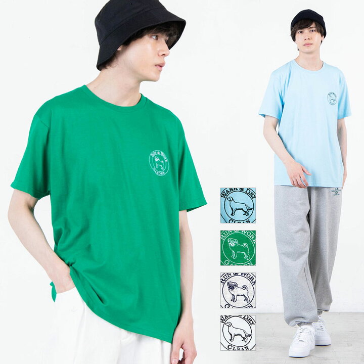 楽天市場 選べるtシャツ福袋対象商品 サークルドッグ刺繍tシャツ 半袖 シンプル ワンポイント 犬 ブルドッグ 刺繍 Tシャツ 綿 コットン サックス グリーン ホワイト アニマル オートミール S M L Xl ユニセックス レディース メンズ Wego Wego ウィゴー グリーン