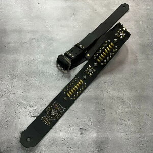 y 60mm Width Hard Leather Guitar Strap / Fusion of Owl & Reptile Spots Design zil Modelj