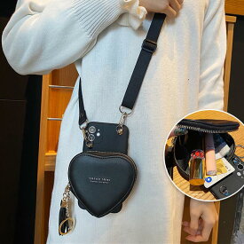 大容量ポケット付き iPhone17ケース アイフォン16ケース 掛けショルダー 便利グッズ ハート 小遣い カード収納 化粧ポーチ 黒 ブラックお出かけ 旅行 便利 斜め掛け アイフォン ストラップ アイホン15ケース iPhone16Proケース