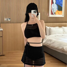 【一部即納】スイムウェア レディース水着 ビキニ セパレート ホルターネック パンチングレース ブラック ホワイト 背中見せ バックシャン ミニスカート リボン レースアップ バッククロス 可愛い 体型カバー ママ水着 モノトーン