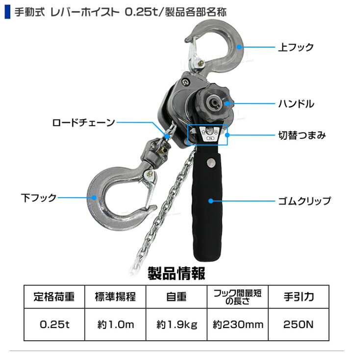 楽天市場】【クーポンで最大10%OFF】レバーホイスト 0.25ton 250kg 