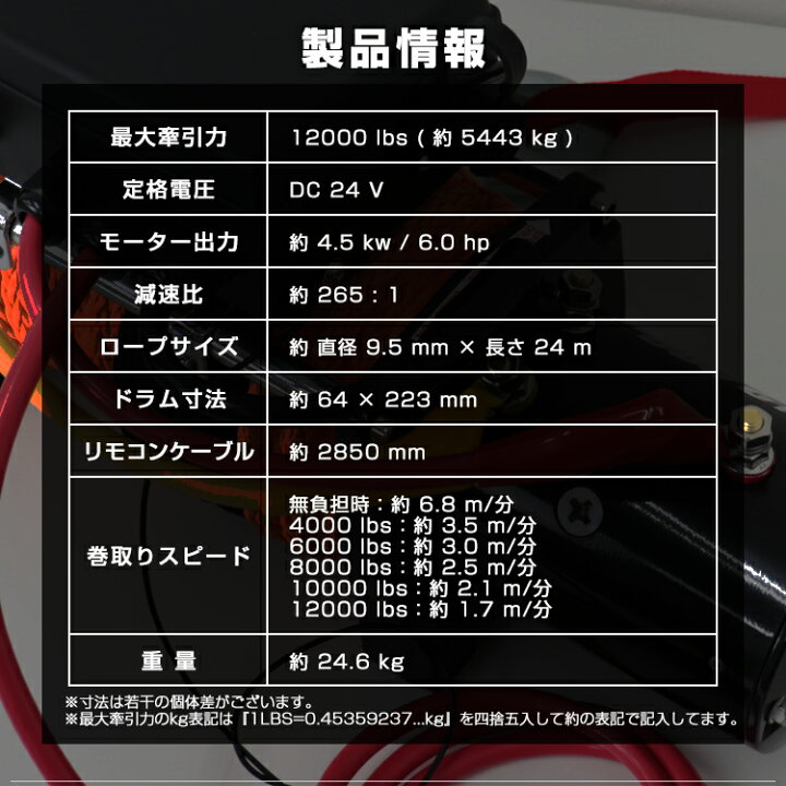 楽天市場】【クーポン配布中】電動ウインチ 24v 12000LBS(5443kg) 電動 ホイスト 電動 ウインチ ロープタイプ 電動ウィンチ 引き上げ機 牽引 けん引 オフロード車 トラック SUV車(ZeepやFJクルーザー等) 防水仕様 送料無料 : GARAGE COLLECTION 楽天市場】【クーポン配布中】電動ウインチ 24v 12000LBS(5443kg) 電動 ホイスト 電動 ウインチ ロープタイプ 電動ウィンチ 引き上げ機 牽引 けん引 オフロード車 トラック SUV車(ZeepやFJクルーザー等) 防水仕様 送料無料 : GARAGE COLLECTION