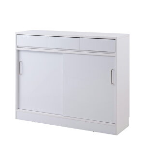 薄型キャビネット 幅110cm 引き戸式扉 SIRO ハイグロスホワイト 収納家具 FY-0181LV-NS