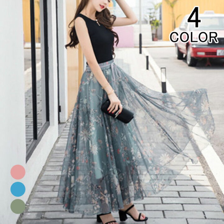 楽天市場 マキシスカート ベアワンピ フレアワンピース 2way 花柄 フラワー シフォンワンピース マキシワンピ ロングスカート リゾートワンピ ハイウエスト 春 夏 レディースファッション a Welove