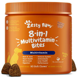 Zesty Paws 8-in-1 マルチビタミン バイツ 8種のマルチサポート 肝臓ケア 関節ケア 免疫機能 スキンケア　犬用 ソフトチュウ ピーナッツバターフレーバー 90粒 小型犬 中型犬 大型犬 子犬 成犬 高齢犬 シニア おやつ サプリメント ZestyPaws 8-in-1 Multivitamin Bites