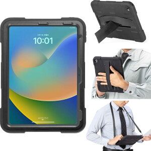 サンワダイレクト 10.9インチiPad第10世代専用 防水ハードケース シリコンカバー 耐衝撃 IP68 防塵 完全防水 充電可能 全面保護 ネックストラップ スタンド ハンドベルト 200-TABC023WP