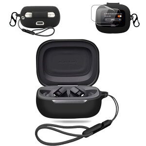 For JBL LIVE BEAM 3 用 ケース カバー +2枚フィルム【NOUKAJU】 ワイヤレス イヤーホン シリコン 保護ケース (カラビナ付き+ストラップ付き ) 落下防止 キズ防止 耐衝撃 装着充電可能 防水 防塵 (