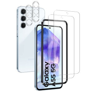 【2+2枚セット】For Samsung Galaxy A55 5G ガラスフィルム(2枚)+ レンズ保護フィルム(2枚)硬度9H 日本旭硝子製 疎水疎油 指紋防止 液晶画面保護フィルム 超高透過率 HDビジョン 強化ガラス 全面