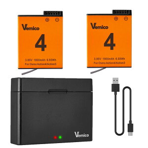 Vemico Osmo Action 4obe[ 2*1800mAh ݊obe[ ANVJ\obe[ Osmo Actionobe[ LED[dZbg Type C Micro USB `[W[ 2[d\ Ή (Osmo Action 3/ O