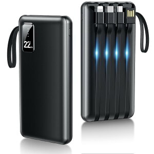 モバイルバッテリー 大容量 【22800mAh急速充電・2024新モデル・4本ケーブル内蔵】 5台同時充電 Type-C 急速充電 軽量 小型 薄型 スマホ携帯充電器 LEDライト付き PSE技術基準適合 iPhone/iPad/Android全