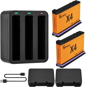 Vemico 360 X4 バッテリー 2*2500mAh互換バッテリー 360予備バッテリー 360 X4バッテリー X4急速充電器セット Type Cと Micro USB チャージャー同時充電可能360 X4 カメラ対応 PSE登録済