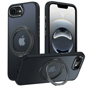 iPhone 16e 用 ケース Magsafe対応 アイフォン16e カバー 360°回転スタンド Uovon スマホケース アイホン16e 携帯ケース ワイヤレス充電 車載ホルダー 対応 半透明 指紋防止 黄変防止 ・ ブラック