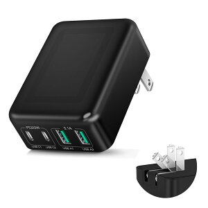 40W 急速充電器 タイプc 充電器、4ポート USB充電器 折り畳み式 & 超薄型 高速充電ブロック iPhone 充電器、【PSE認証】マルチポートtype-c 電源アダプタプラグ iPhone、 Samsung、 Tablet 、Pixelに対応