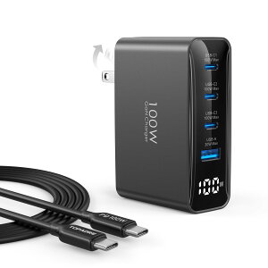 TOPADRE 充電器 100w type c 4ポート 急速充電器 2M*100Wケーブル付 Mac PD 充 電器 HDディスプレイ搭載/折り畳み式/GaNIII技術/超低温/PSE技術基準適合 USBコンセント iPad/iPhone/Galaxy S24/Android/MacBook/Dellなど