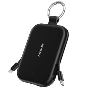【業界創新】RORRY モバイルバッテリー 軽量 小型 携帯充電器 (5000mAh Type-C + For iPhone用Lightning 2本ケーブル内蔵) 3台同時充電 スマホ 持ち運び iPhone 17/16/15/Android/iPad/Switchなど機器対応 power bank PSE