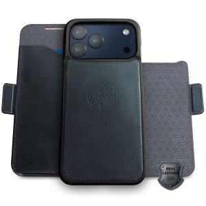 Dreem Real Leather for iPhone 17 Pro Max Case Wallet, Revolutionary Phone Stand, MagSafe-Fit, Magnetic Detachable Flip Cover, RFID Blocking Card Holder, Gift-Box [Fibonacci:Graphite Blue]