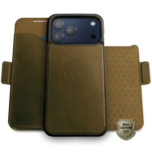 Dreem Real Leather for iPhone 17 Pro Case Wallet, Revolutionary Phone Stand, MagSafe-Fit, Magnetic Detachable Flip Cover, RFID Blocking Card Holder, Gift-Box [Fibonacci:Olive]