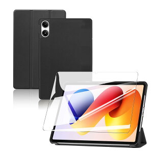 For Redmi Pad 2 PRO/Redmi Pad 2 PRO 5G �P�[�X �t�B���� �Z�b�g Redmi Pad 2 PRO 5G �^�u���b�g 12.1�C���` �p �ی�P�[�X �K���X�t�B���� �y�� �p�x���� �㎿PU�� �S���ʃJ�o�[ �ϏՌ� �y�u���b�N�z+�ی�t�B